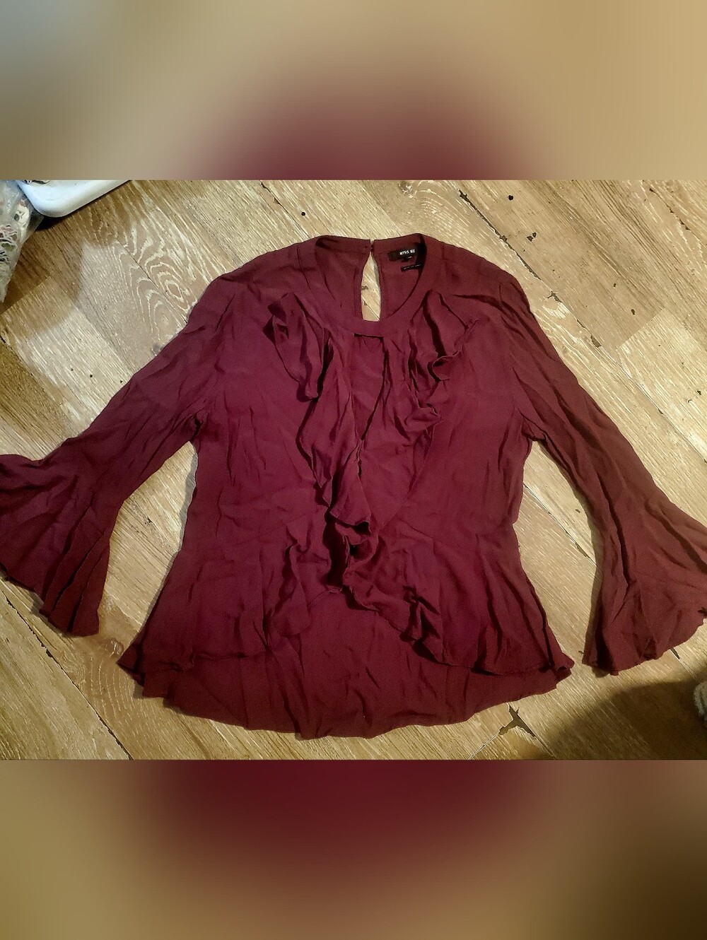 Miss Me Burgundy Ruffled Blouse With Cutouts & Bell Trumpet Sleeves